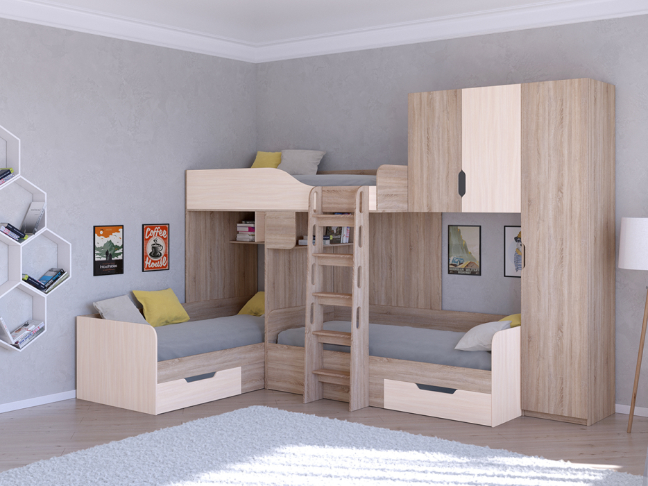 Для подростков, Кровать двухъярусная Трио/2 Дуб Сонома
