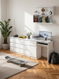 Большой комод на 6-ть ящиков Мори с компьютерным столом МС-1 левый и полка открытая на 900