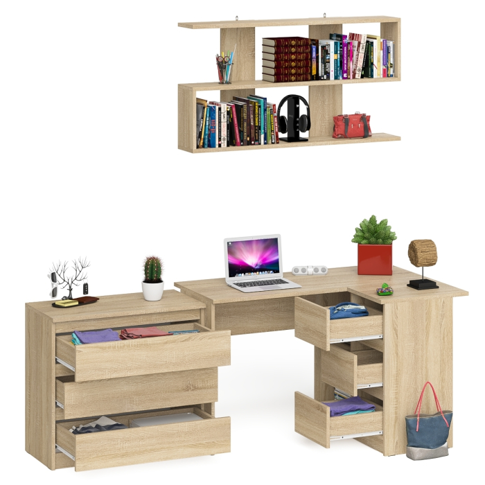 Домашние кабинеты, Стол компьютерный Мори МС-16 правый с навесной полкой и комодом МК800.1