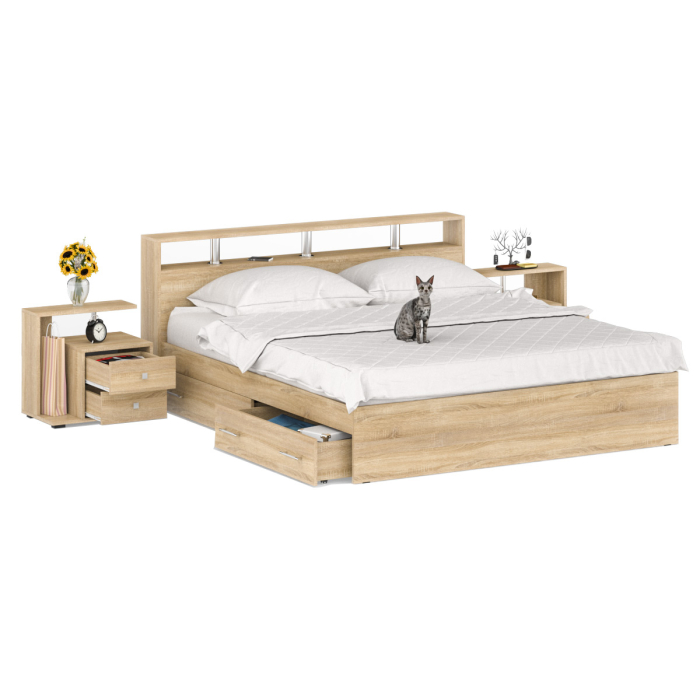 Спальные гарнитуры, Кровать с ящиками Камелия 1800 с двумя прикроватными тумбами