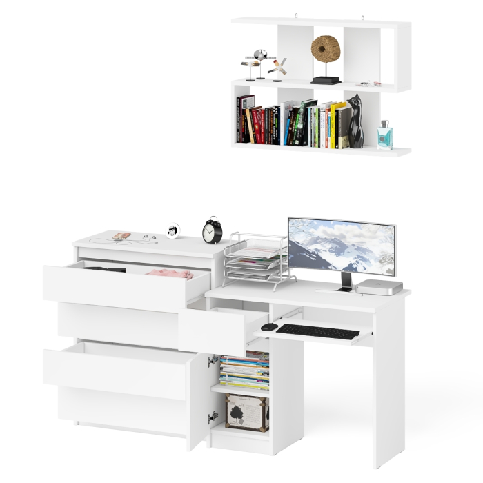 Прямые компьютерные столы, Комод четыре ящика Мори 800-4 со столом компьютерным с тумбой слева и полкой 900