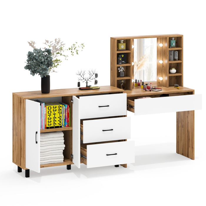 С зеркалом, Туалетный столик с подсветкой 115 и тумба-комод 123-1204