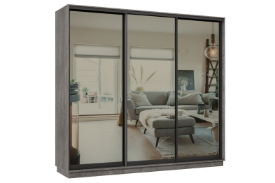 Шкаф-купе Премьер 34 (01ЗГ;01ЗГ;01ЗГ) фасады зеркало графит/трёхдверный/Профиль чёрный муар
