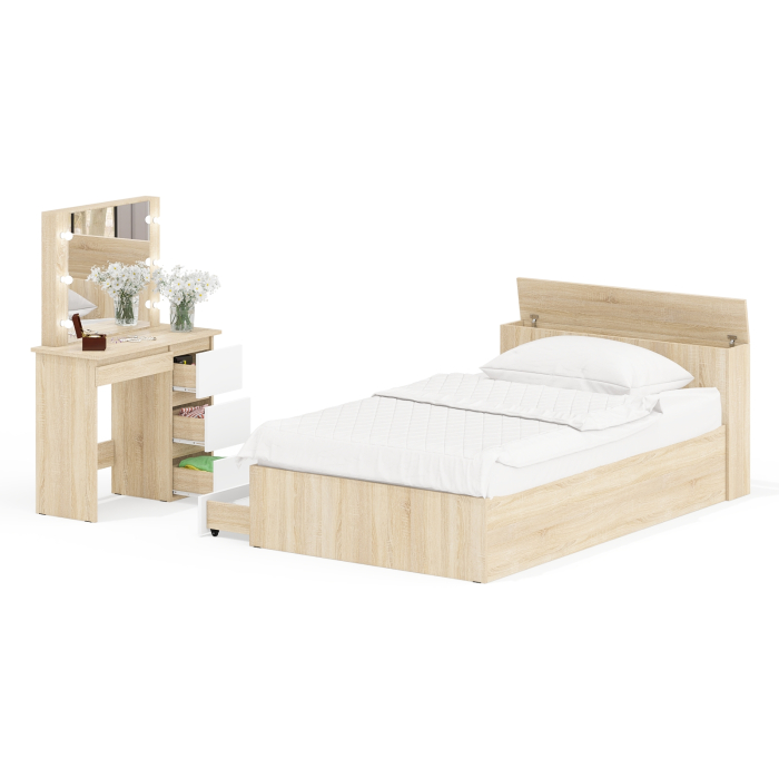 Спальные гарнитуры, Кровать с ящиками полутораспальная Ксения 1200 и туалетный столик с подсветкой Сура