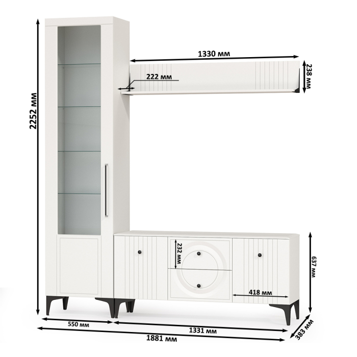 Стенки для гостиной, ТВ-тумба с пеналом и навесной полкой Валенсия № 55