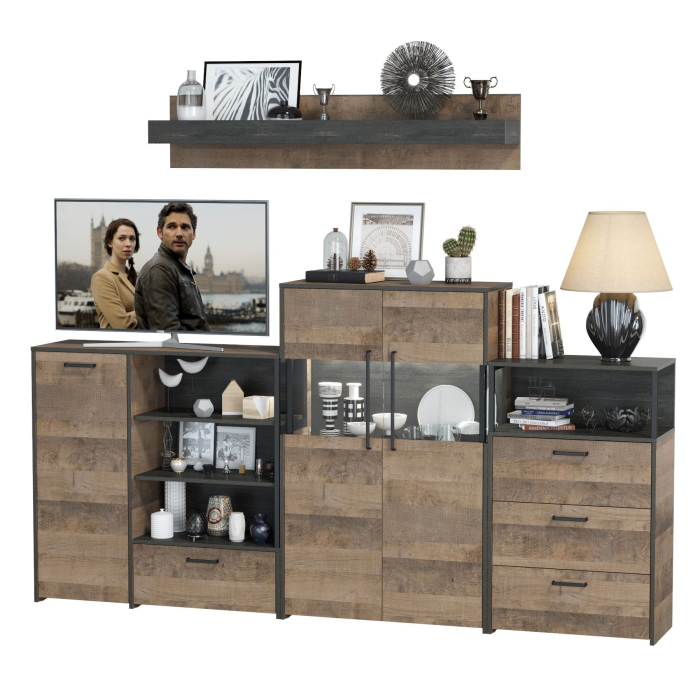 Стенки для гостиной, Комод с витриной с подсветкой с комодом с ящиком и дверкой и с комодом три ящика и ниша Трувор