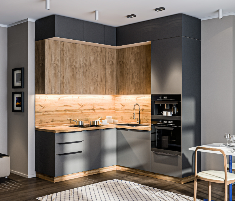 Кухонные гарнитуры, Кухонный гарнитур Регина Песочный/Лофт Диамант серый, МДФ Джаз Акация светлая 2х2 м