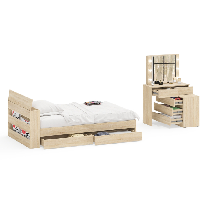 Спальные гарнитуры, Столик туалетный с лампочками 110 с полутораспальной кроватью с ящиками Ксения 1200