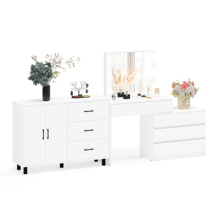 С зеркалом, Стол косметический с подсветкой 110 и тумба-комод с тремя ящиками и дверками 123-1204