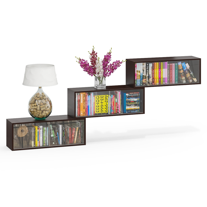 Настенные полки, Три книжные полки КН1 со стеклянными сдвижными дверками
