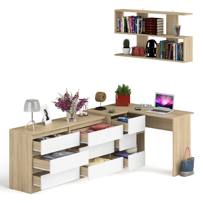 Домашние кабинеты, Стол угловой компьютерный Мори МС-16 левый с навесной книжной полкой и комодом МК1380.6