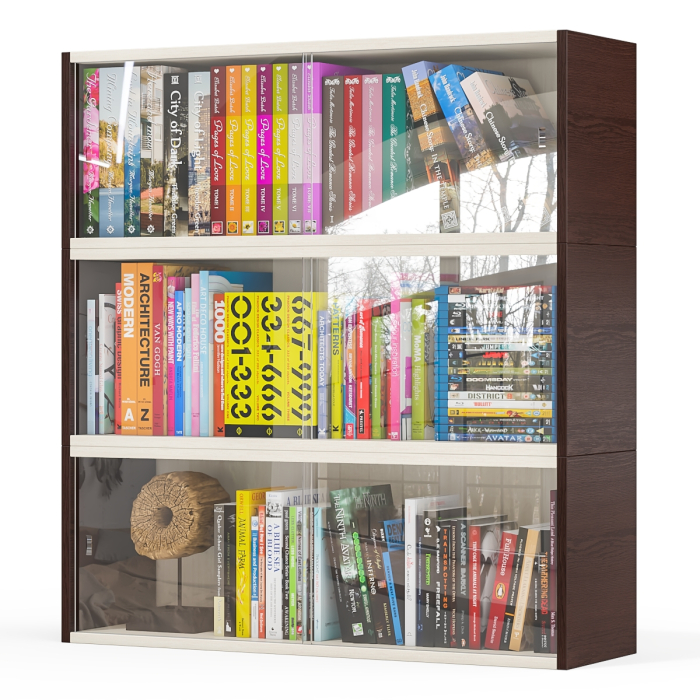 Настенные полки, Три книжные полки КН1 со стеклянными сдвижными дверками