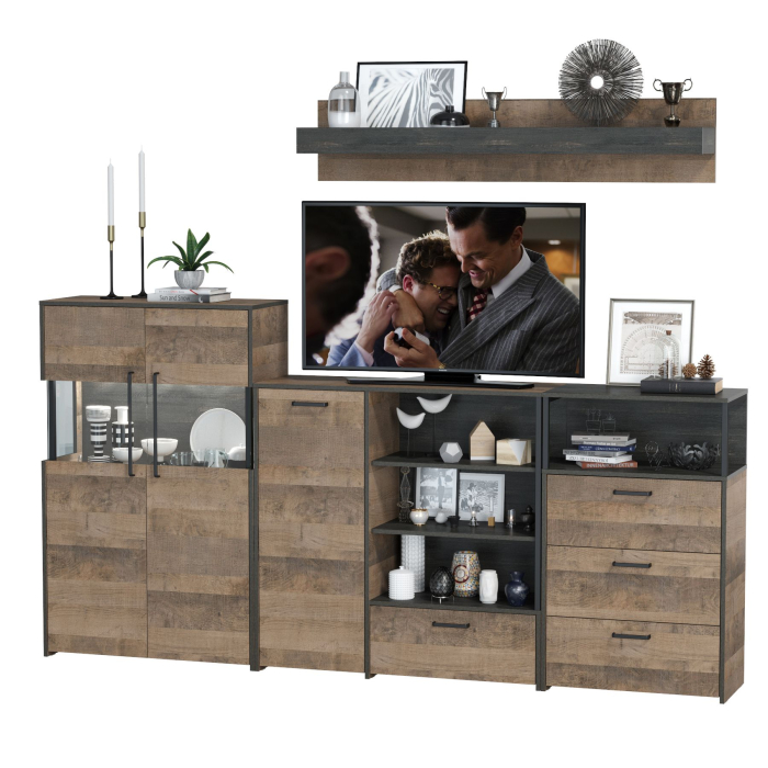 Стенки для гостиной, Комод с витриной с подсветкой с комодом с ящиком и дверкой и с комодом три ящика и ниша Трувор