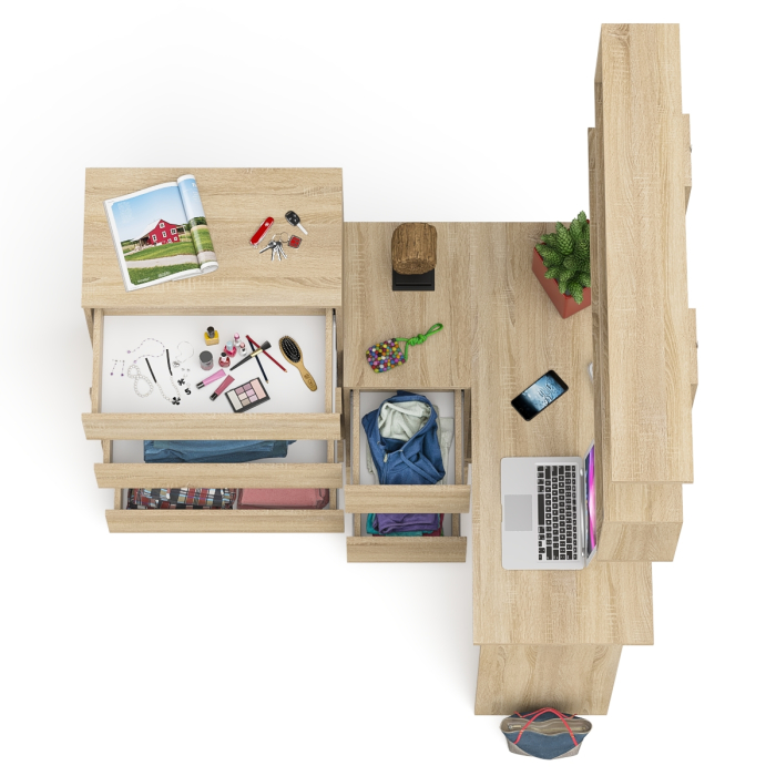 Домашние кабинеты, Угловой компьютерный стол Мори МС-16 левый с навесной полкой и высоким комодом на 5-ть ящиков