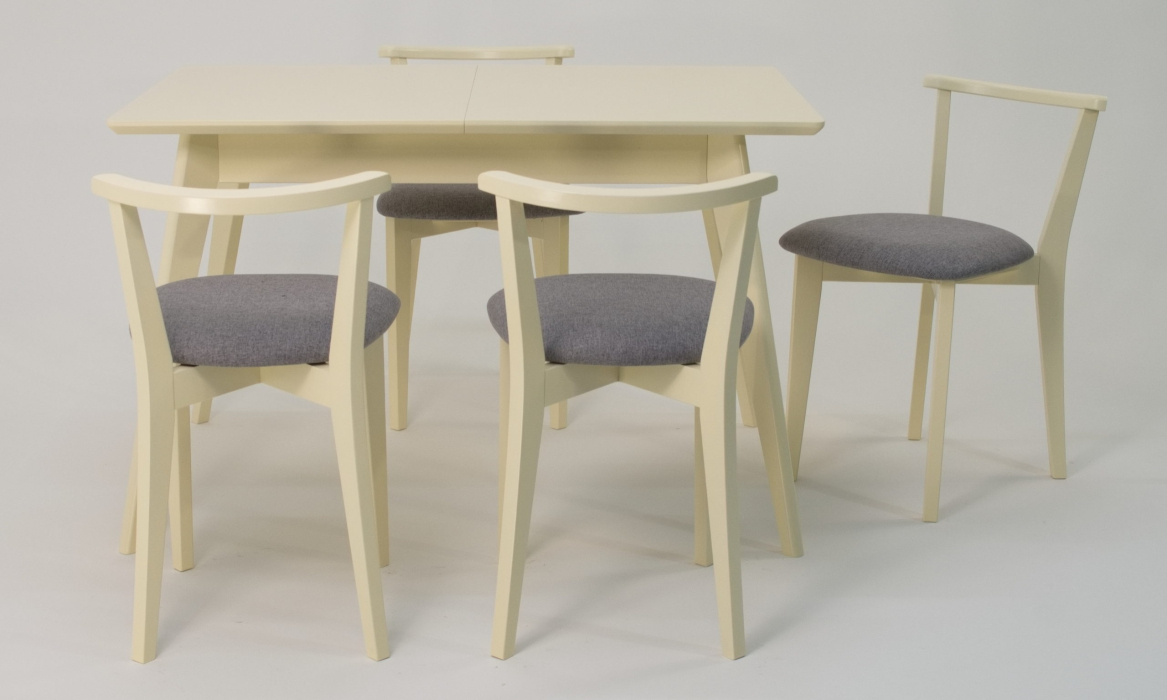 Обеденные группы, Стол Сканди 120 слоновая кость со стульями Франк слоновая кость рогожка серый