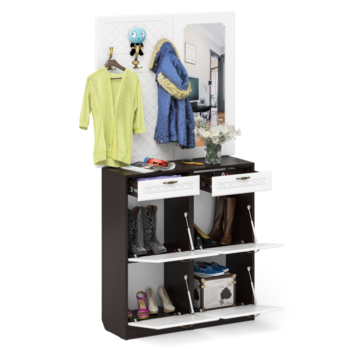 Прихожие, Две тумбы для обуви с ящиками с вешалкой и зеркалом П-6 № 05 МДФ фрезеровка ромб