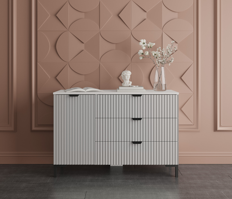 Комоды, Комод Тренд СБ-3446 3 ящика, 1 дверь Белый Альпийский/МДФ Джаз Серый