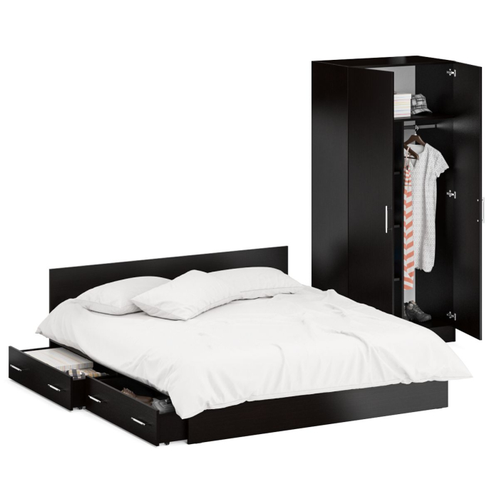 Спальные гарнитуры, Двуспальная Кровать с ящиками 1800 со шкафом для одежды 2-х створчатым Стандарт