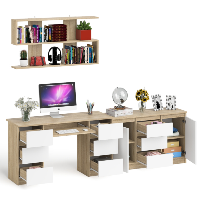 Домашние кабинеты, Двухтумбовый стол компьютерный с ящиками МС-2 с тумбой-комодом и полкой 1200 Мори