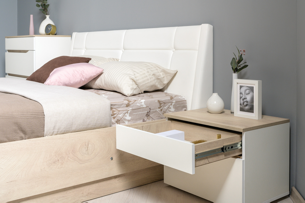 Спальные гарнитуры, Набор мебели для спальни Муссон № 14 белый/чёрный/дуб эндгрейн/иск.к белая