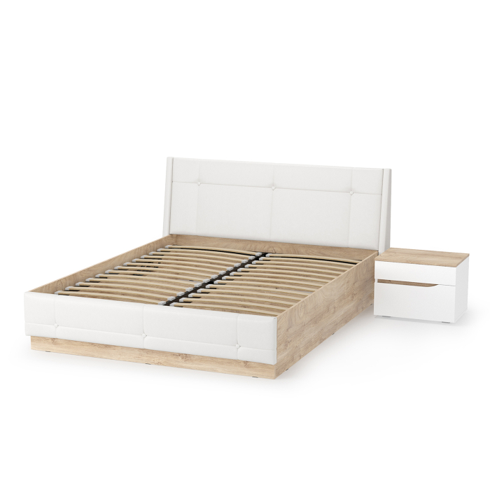 Спальные гарнитуры, Кровать Муссон с подъёмным основанием и тумбой белый/дуб эндгрейн/иск.кожа белая