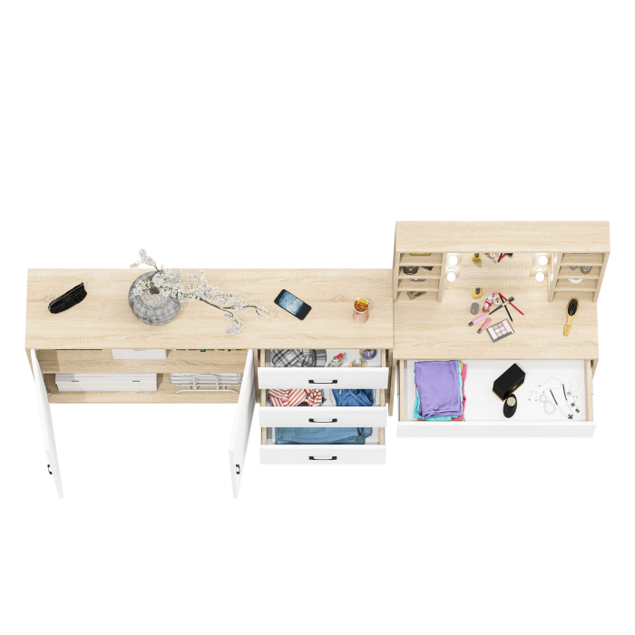 С зеркалом, Косметический cтол с подсветкой и ящиком 115 и комод 123-1604