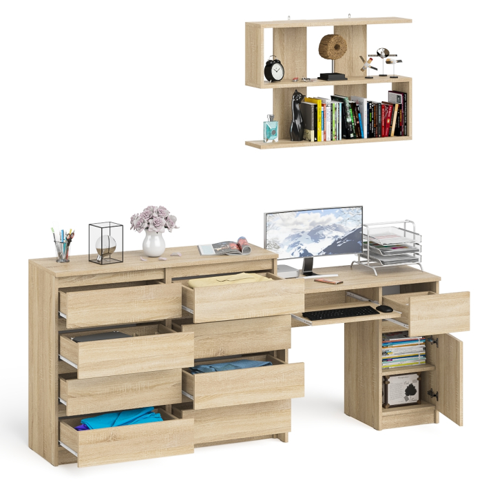 Домашние кабинеты, Большой комод на восемь выдвижных ящиков со столом МС-1 правый и полкой Мори 900