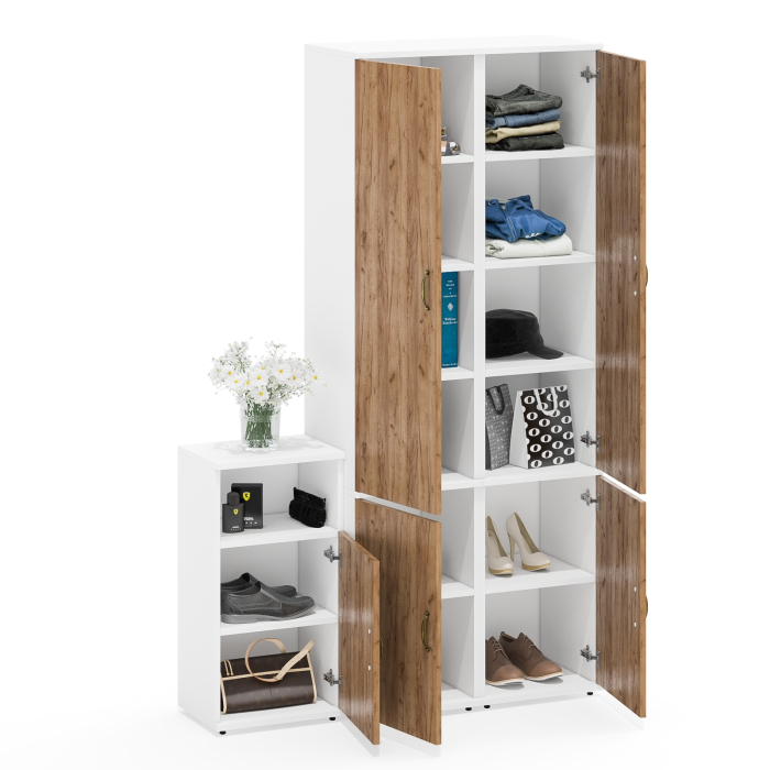 Домашние кабинеты, Тумба с дверкой и полкой внутри и два пенала пять полок каждый Лидер-8