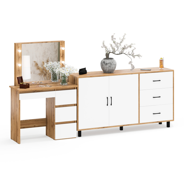 С зеркалом, Косметический столик Сура с зеркалом и подсветкой и с тумбой-комодом 123-1604