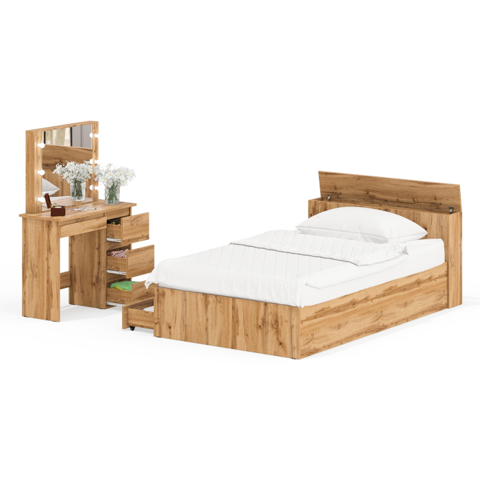 Спальные гарнитуры, Кровать с ящиками полутораспальная Ксения 1200 и туалетный столик с подсветкой Сура