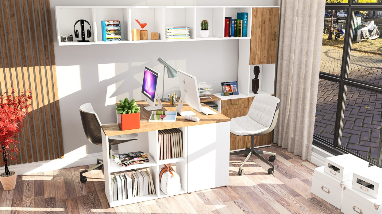 Домашние кабинеты, Набор мебели в детскую комнату Лидер-8 из столов компьютерных с полками и тумбы с дверкой и пенала