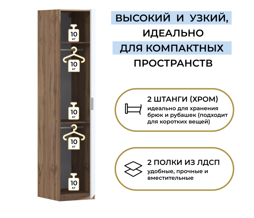 Для одежды, Шкаф однодверный Макс 500 мм, вариант №4 (ЛДСП, дуб вотан)