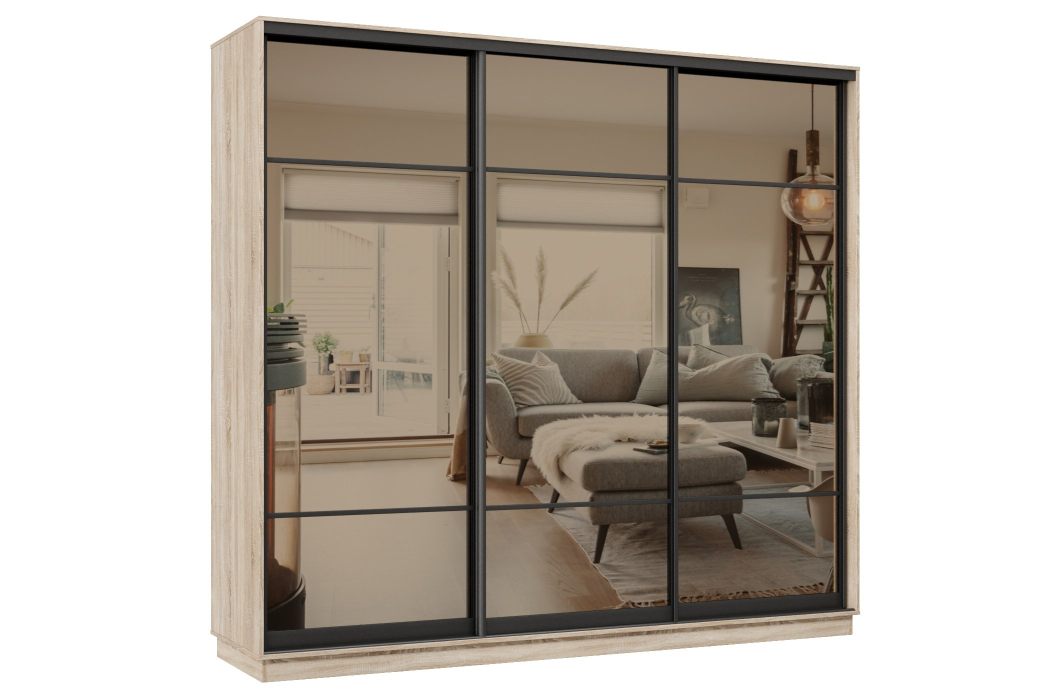 Шкафы-купе 3-х дверные, Шкаф-купе Премьер 59 (11ЗБ;11ЗБ;11ЗБ) фасады зеркало бронза/трёхдверный/Профиль чёрный муар