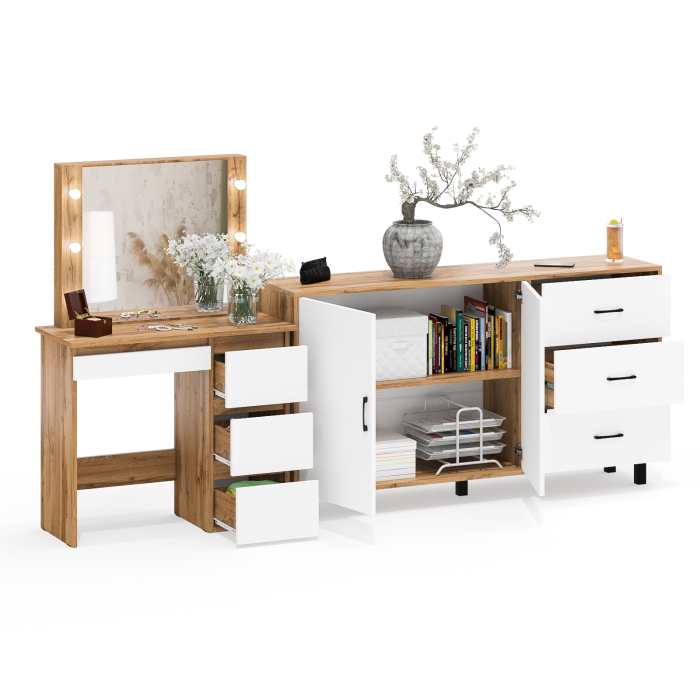 С зеркалом, Косметический столик Сура с зеркалом и подсветкой и с тумбой-комодом 123-1604