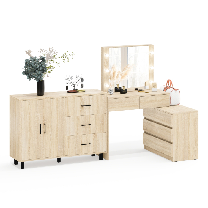 С зеркалом, Стол косметический с подсветкой 110 и тумба-комод с тремя ящиками и дверками 123-1204
