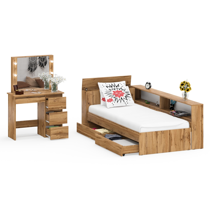 Спальные гарнитуры, Кровать с ящиками с прикроватным блоком для вещей Ксения 900 и столик косметический с подсветкой Сура