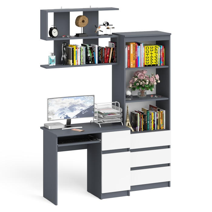 Прямые компьютерные столы, Стол компьютерный Мори МС-1 правый с навесной полкой и стеллаж-комодом 600.3