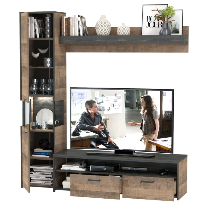 Стенки для гостиной, ТВ-тумба с навесной полкой и шкаф-пенал с витриной с подсветкой Трувор