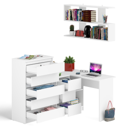 Угловой компьютерный стол Мори МС-16 левый с навесной полкой и высоким комодом на 5-ть ящиков