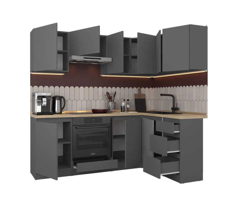 Кухонные гарнитуры, Кухонный гарнитур Леон угловой 210х140 см, диамант серый