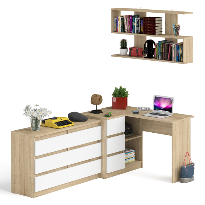 Домашние кабинеты, Стол компьютерный угловой МС-16 левый Мори с полкой для книг и широким комодом