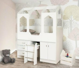 Кровать чердак Домик Сказка с выдвижным столом ДС-14 Белый