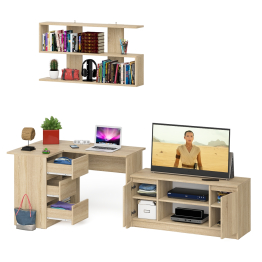 Угловой стол компьютерный Мори МС-16 левый с тумбой под ТВ и полкой для книг