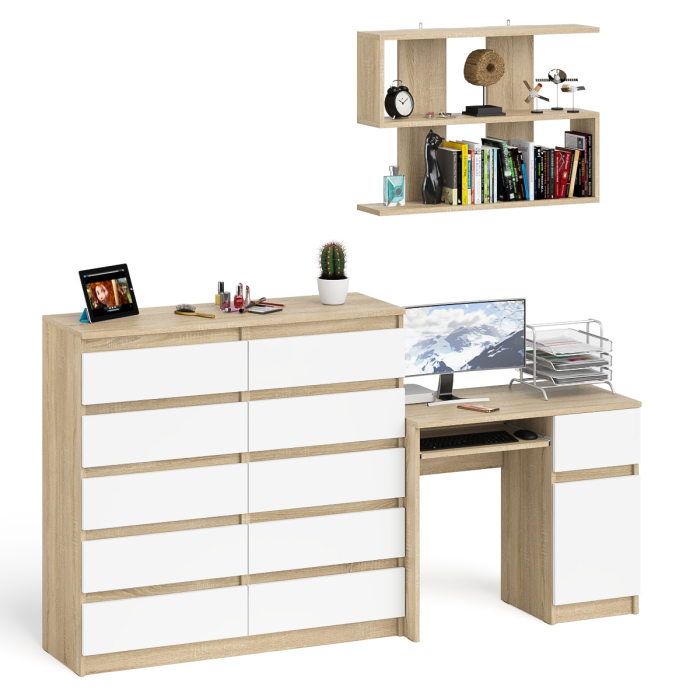 Домашние кабинеты, Стол компьютерный Мори МС-1 правый с комодом на 10-ть ящиков и навесной полкой 900