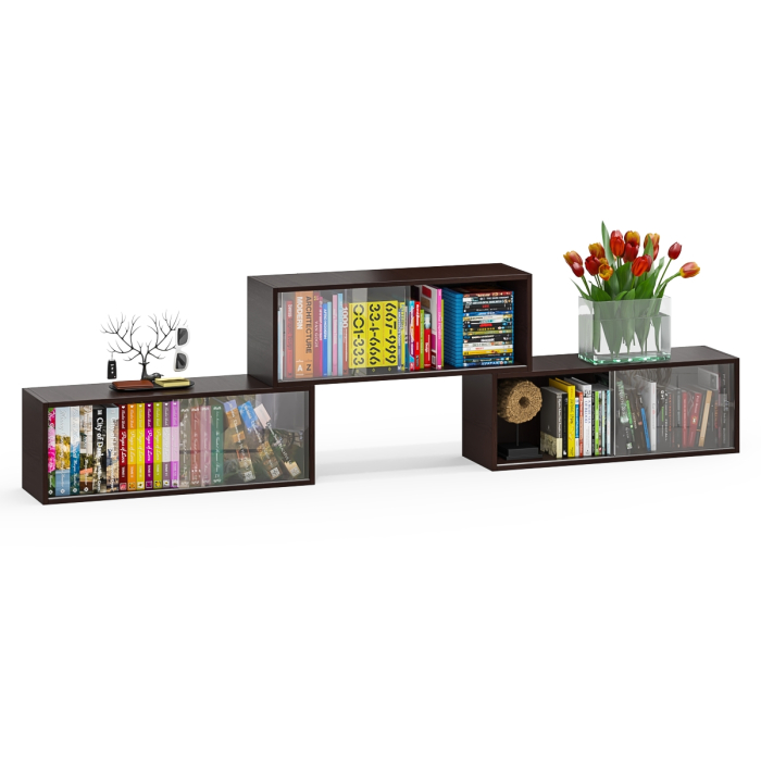 Настенные полки, Три книжные полки КН1 со стеклянными сдвижными дверками