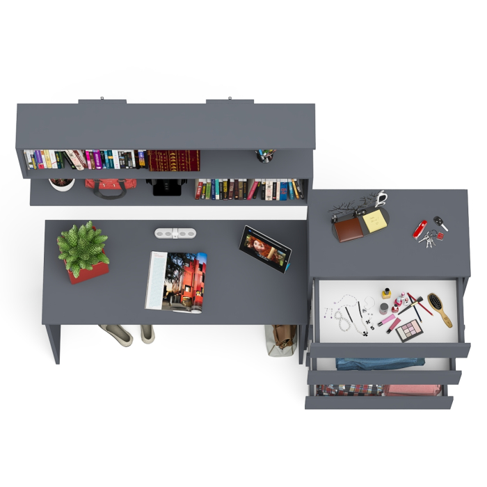 Прямые компьютерные столы, Комод высокий Мори пять выдвижных ящиков со столом для работы на 1200 и навесной полкой 1200