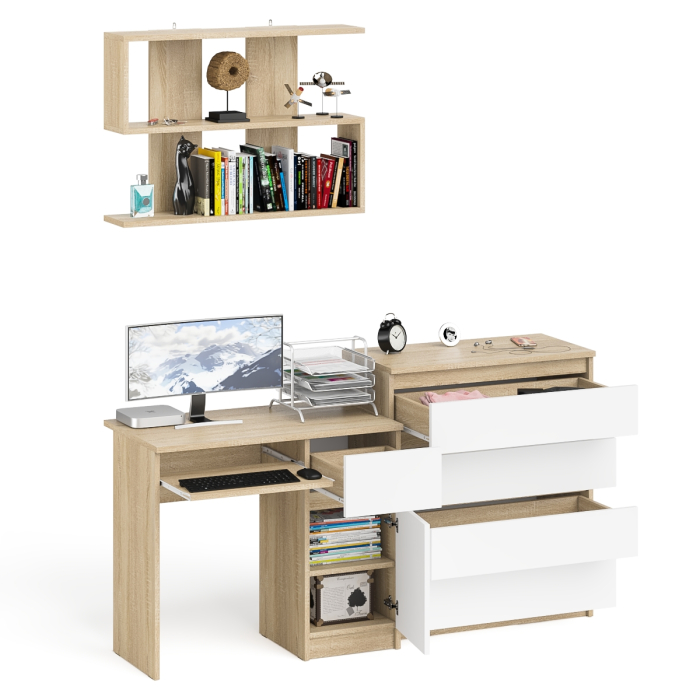 Прямые компьютерные столы, Комод Мори четыре ящика на 800 с компьютерным однотумбовым столом МС-1 правый и навесной полкой