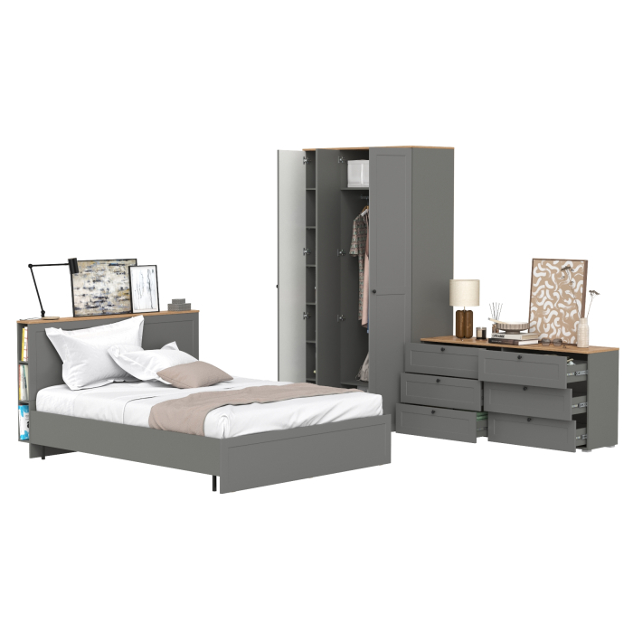 Спальные гарнитуры, Шкаф для одежды трёхдверный с зеркалом Остин с кроватью с основанием и комода на 6-ть ящиков