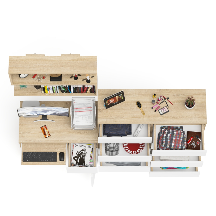 Домашние кабинеты, Стол компьютерный Мори МС-1 правый с комодом на 10-ть ящиков и навесной полкой 900