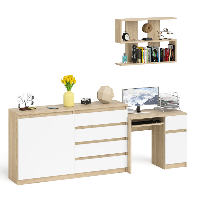 Домашние кабинеты, Тумба-комод с дверками и ящиками на 1600 со столом с тумбой и ящиком справа и навсеной полкой Мори